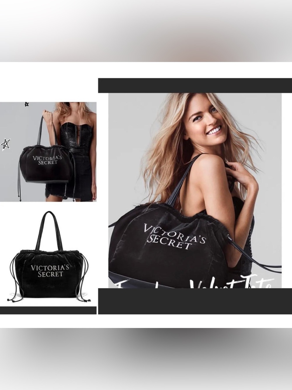 Victoria's Secret Black Velvet Drawstring Shoulder Tote